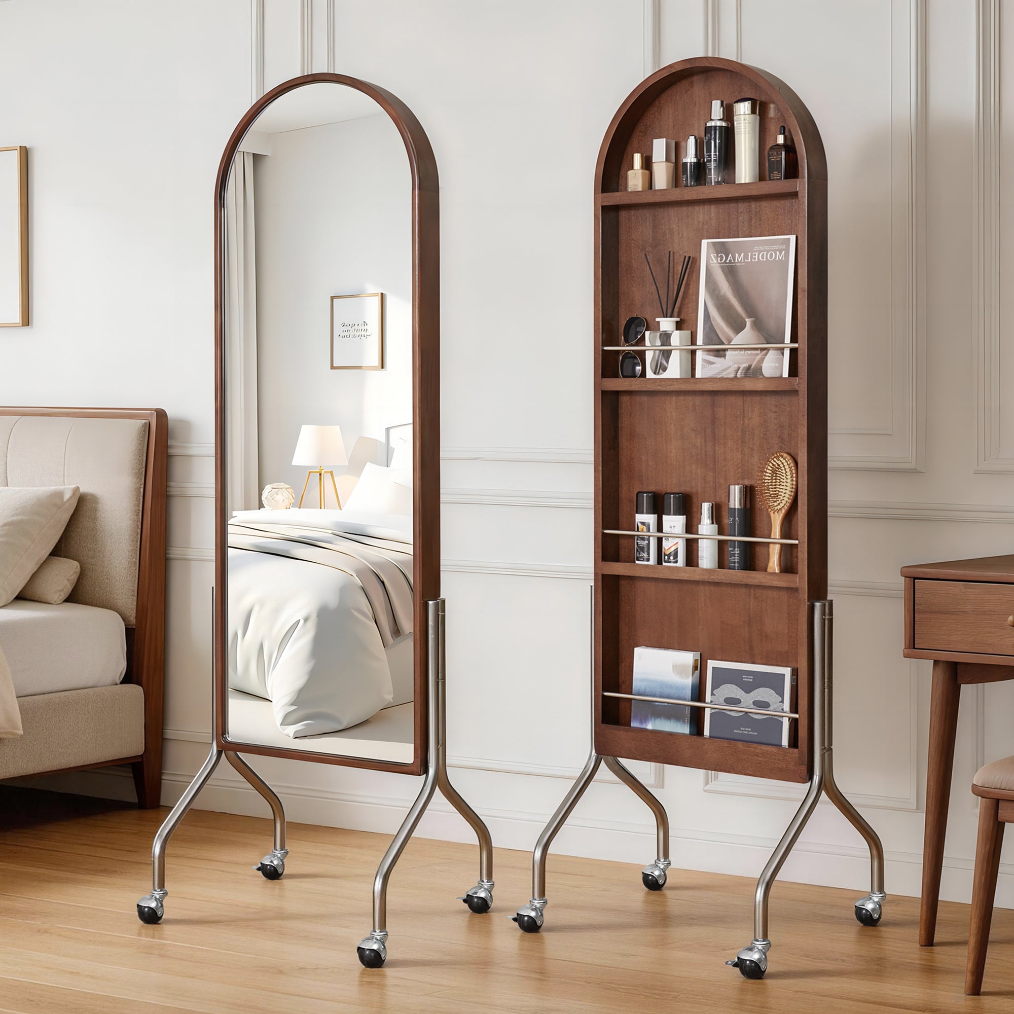 Arched Full Length Mirror with Storage Shelves & Wheels by HouseOfZazla