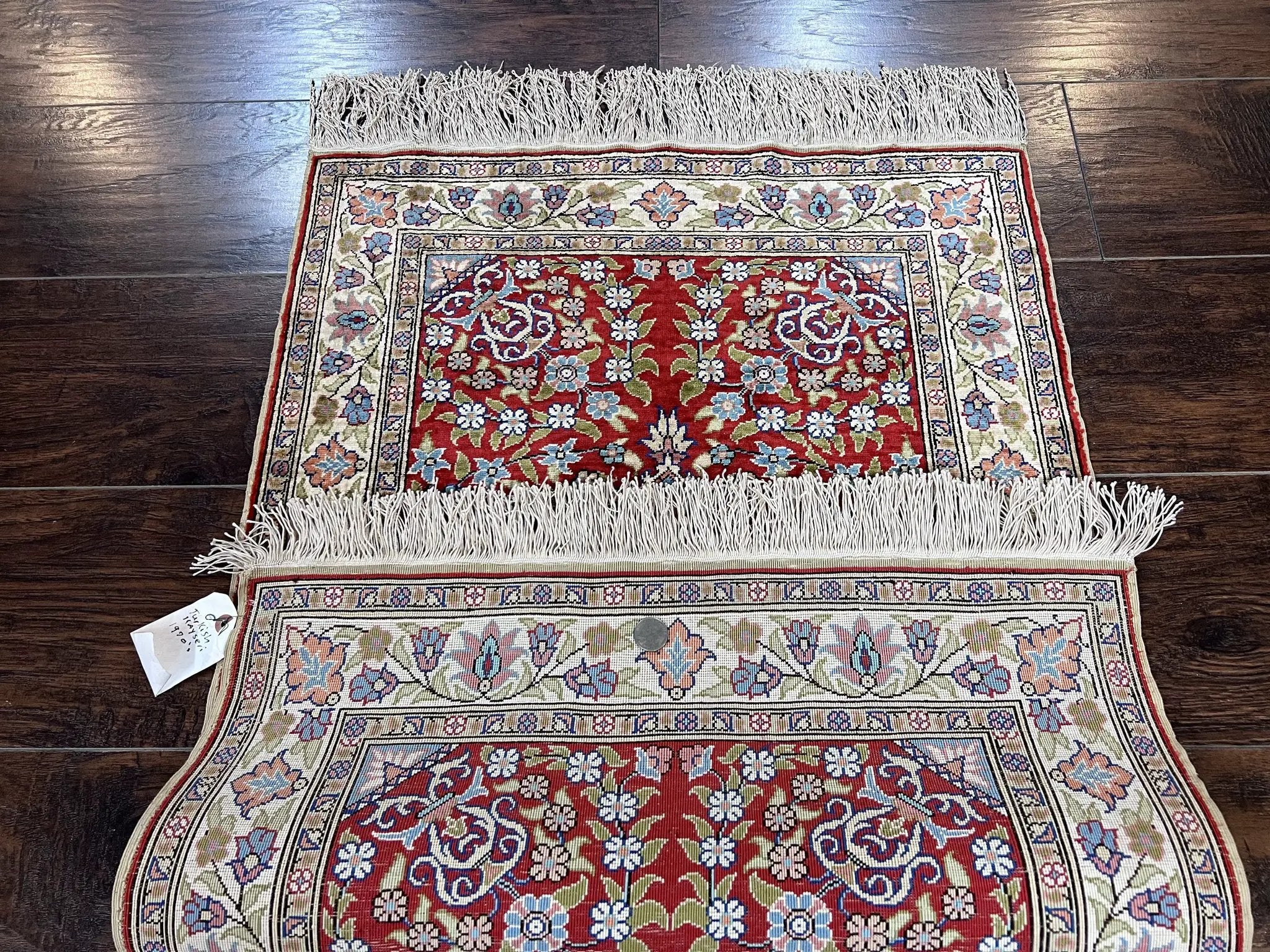 Silk Turkish Kayseri Rug 2x3, Small All Silk Turkish Carpet, Red and Light Blue, Very Fine Hand Knotted Semi Antique Vintage Handmade Rug by Jewel Rugs
