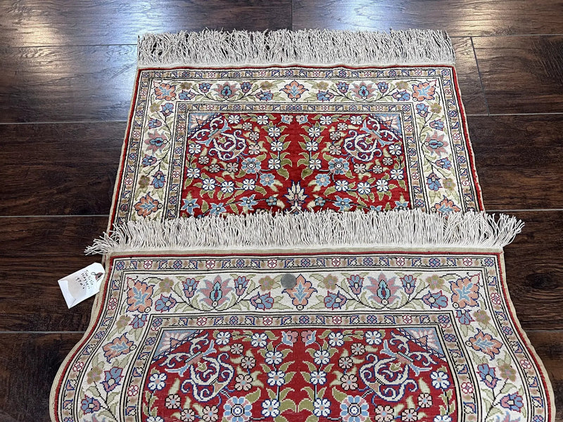 Silk Turkish Kayseri Rug 2x3, Small All Silk Turkish Carpet, Red and Light Blue, Very Fine Hand Knotted Semi Antique Vintage Handmade Rug by Jewel Rugs
