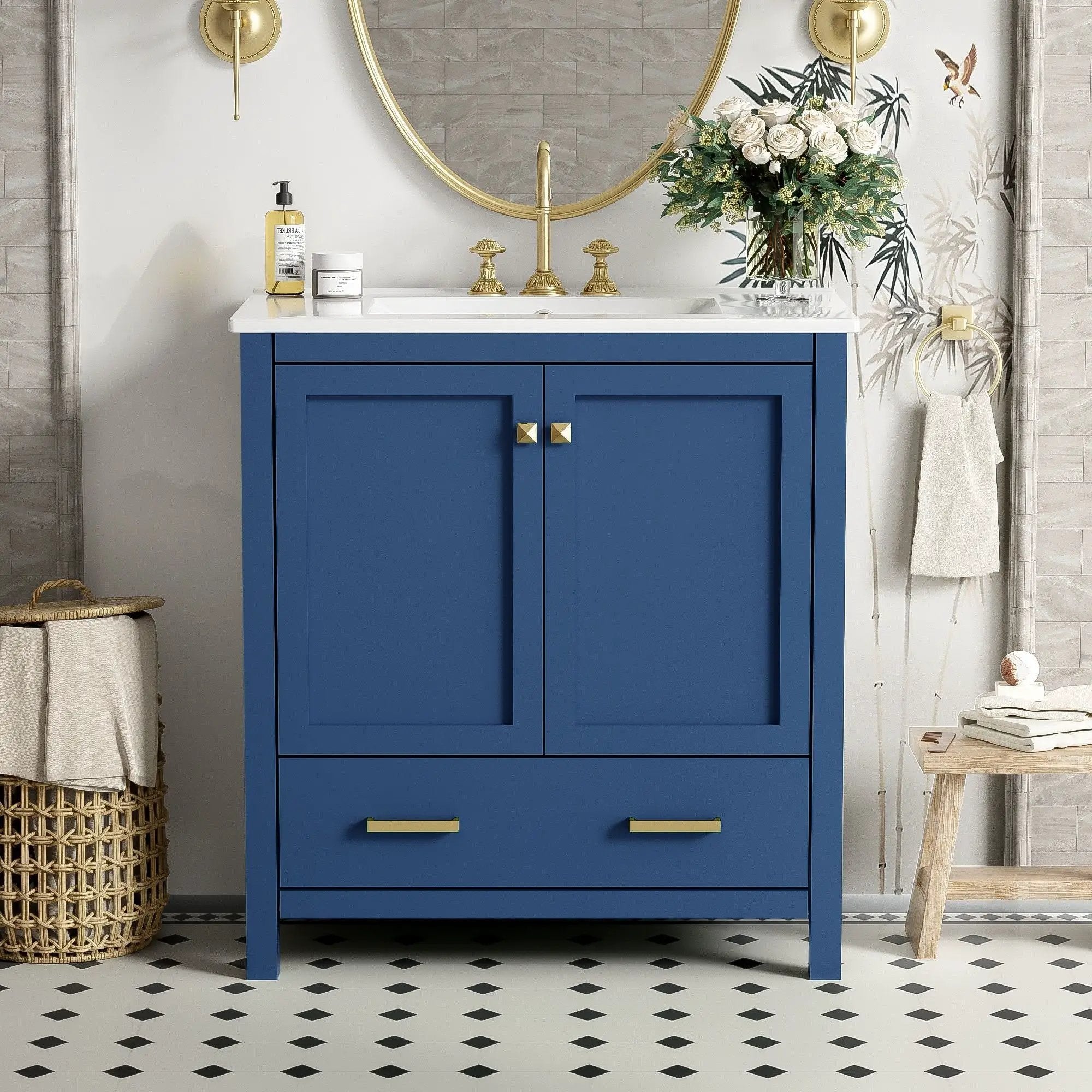 Bathroom Vanity With Single Sink, Combo Cabinet Undermount Sink, Bathroom Storage Cabinet With Two Doors And A Drawer, Soft Closing, Multifunctional Storage, Solid Wood Frame by Unique Piece Furniture