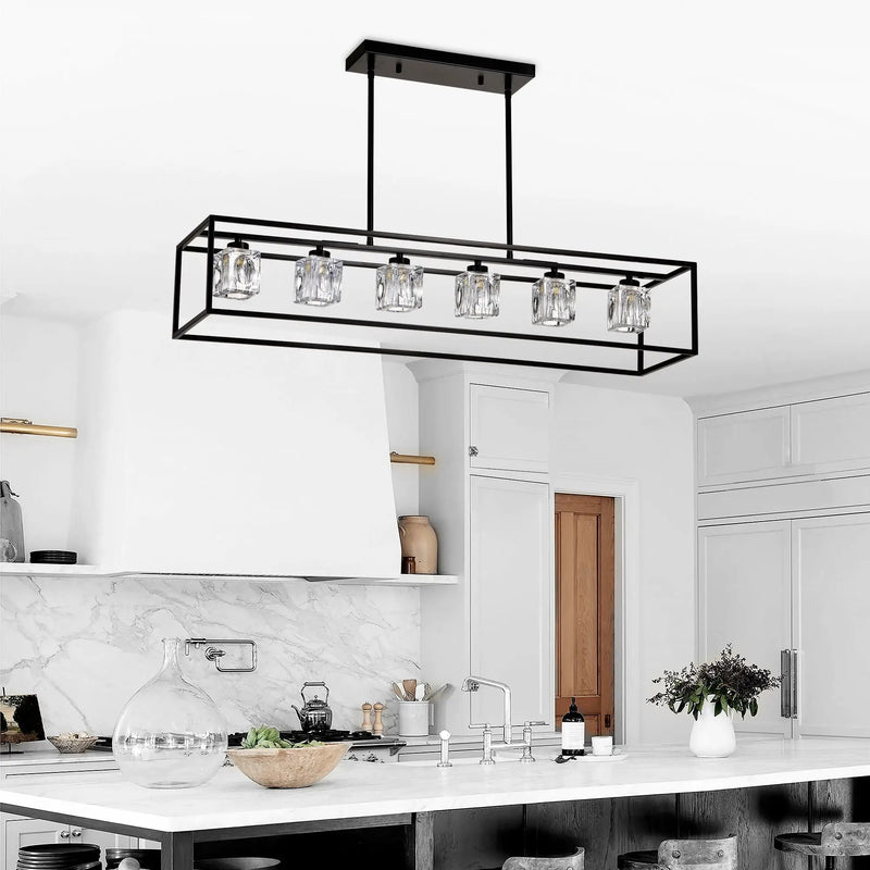 6 Light Farmhouse Chandelier, Modern Industrial Linear Rectangular Crystal Pendant Light Cage Chandelier For Dining Room, Kitchen Island, Bar, Long Table, G9*6 Bulbs Included - Matte Black by HouseOfZazla