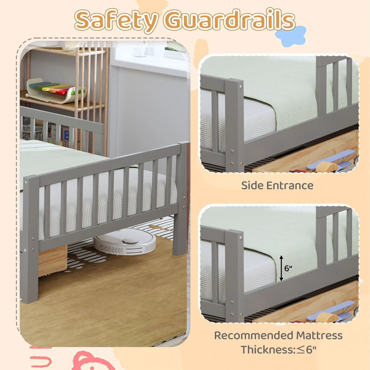 Bed With Headboard Storage Rack, 2 Under Bed Drawers, 3 Side Guardrails For Safety by HouseOfZazla