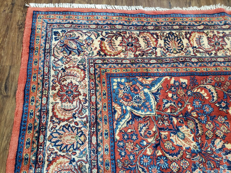 Semi Antique Persian Sarouk Rug 9x12, Semi Open Field with Central Medallion, Hand Knotted Wool, Tomato Red, 9 x 12 Authentic Oriental Carpet by Jewel Rugs