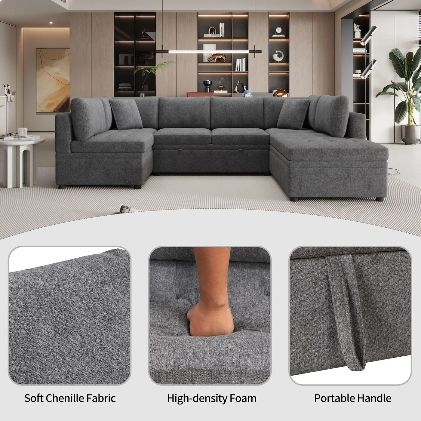 Oversized Sectional Sofa U-Shaped Sofa Couch Pull-Out Sofa Bed With Two Throw Pillows For Living Room by Unique Piece Furniture