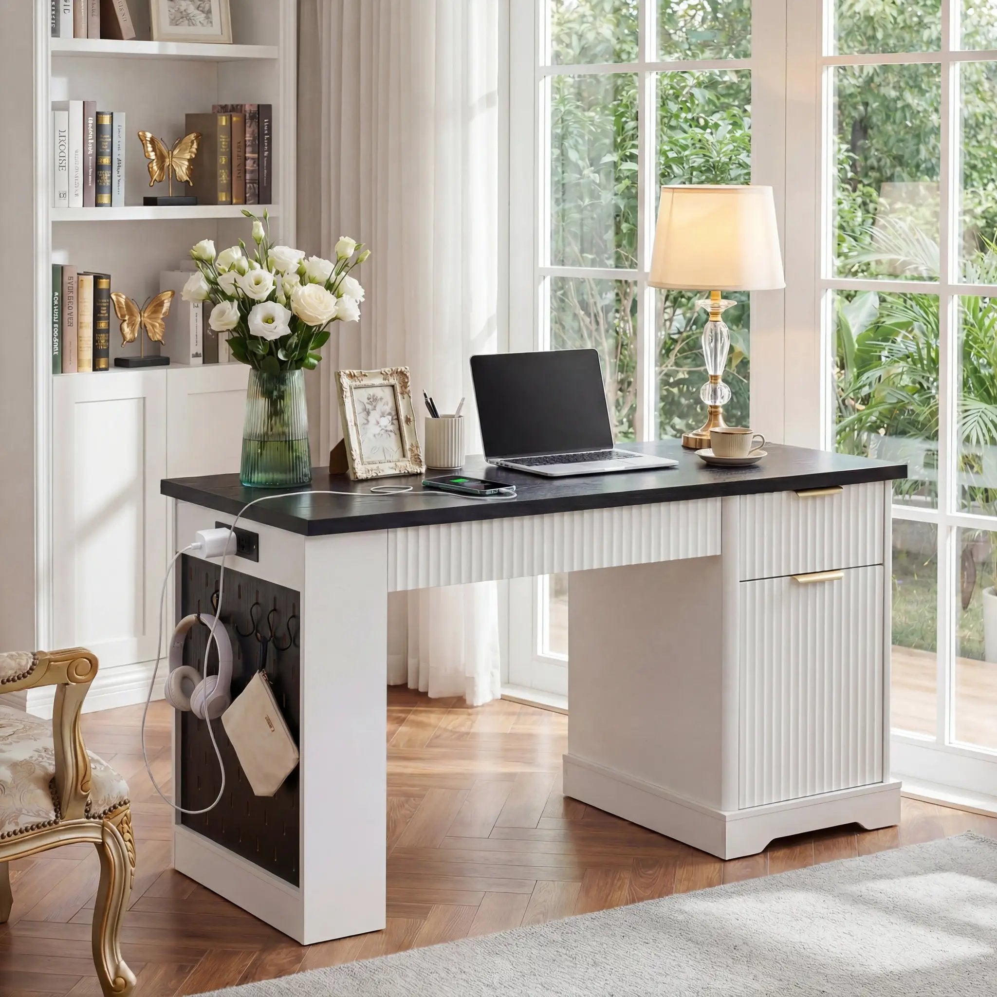 55" Modern Fluted Office Desk with Storage Cabinet & Drawers by HouseOfZazla