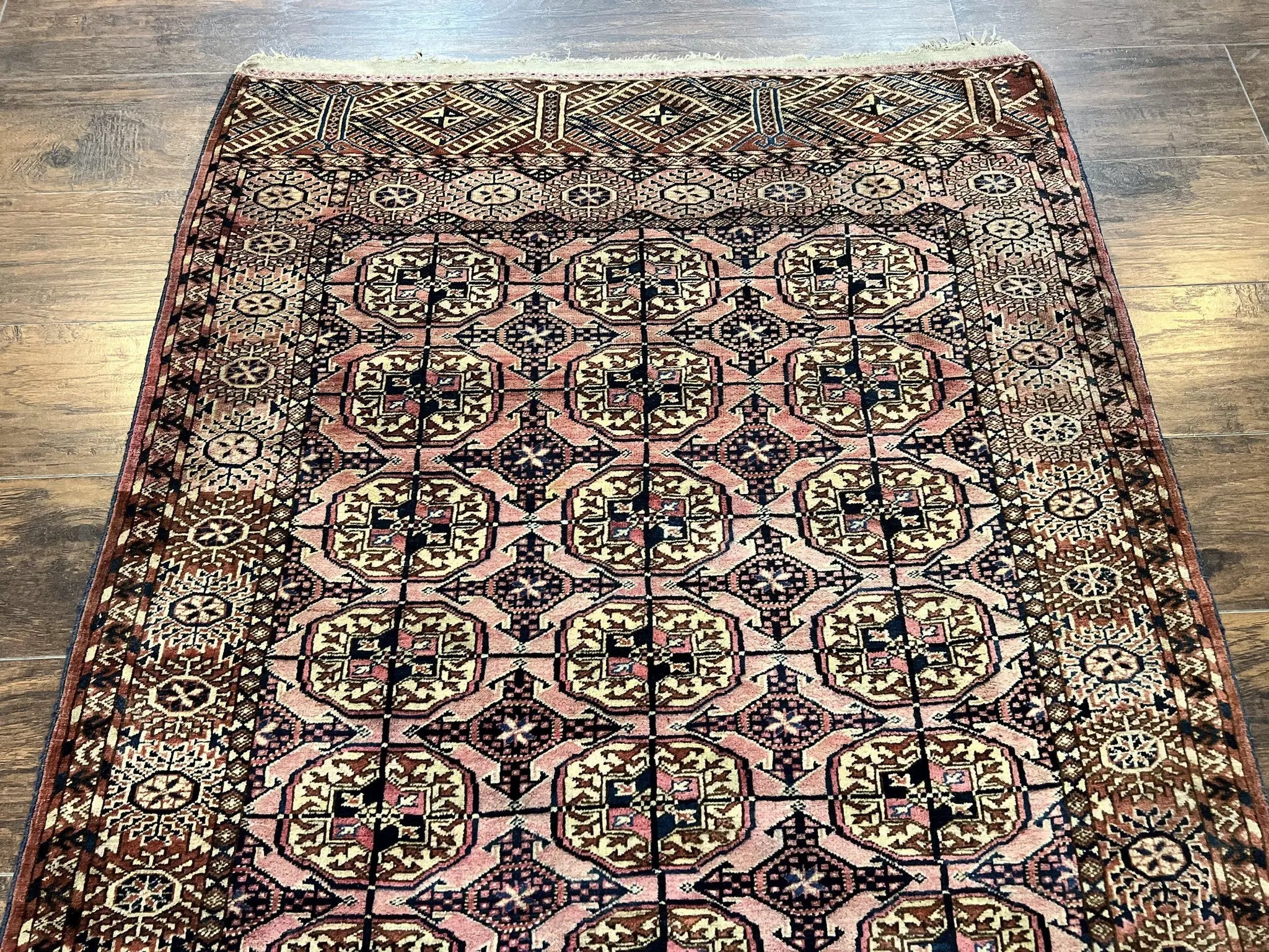 Persian Turkoman Rug 4x6, Wool Hand Knotted Antique Bokhara Carpet, Red Pink, Handmade Tribal Oriental Rug 4 x 6 ft by Jewel Rugs