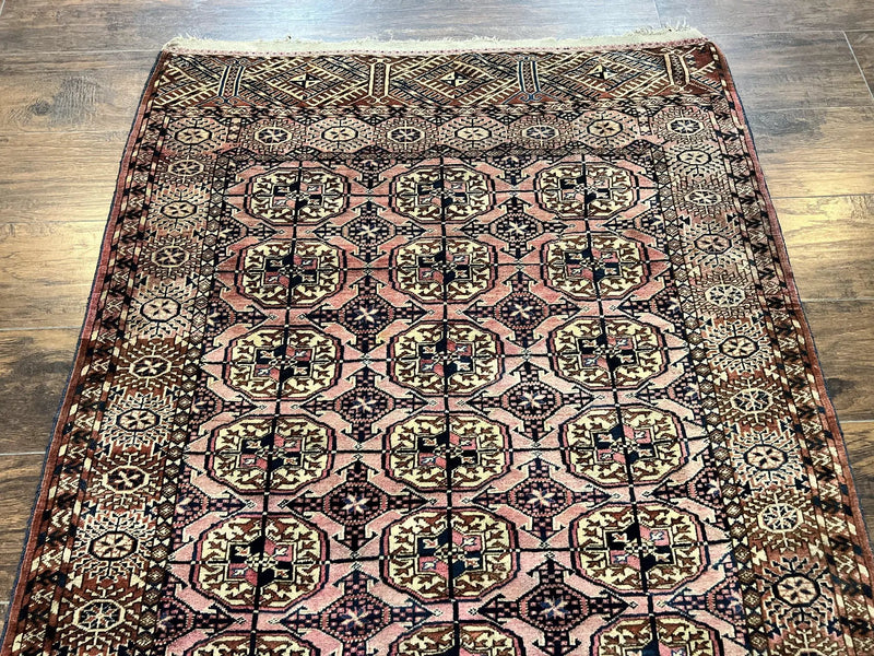 Persian Turkoman Rug 4x6, Wool Hand Knotted Antique Bokhara Carpet, Red Pink, Handmade Tribal Oriental Rug 4 x 6 ft by Jewel Rugs
