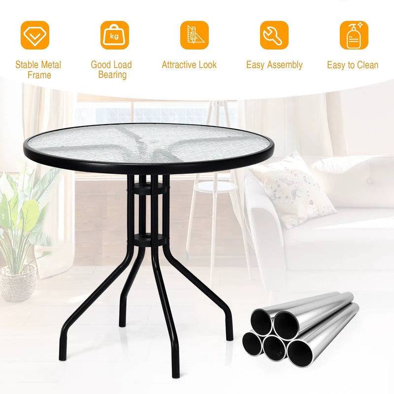 32 Inch Outdoor Patio Round Tempered Glass Top Table with Umbrella Hole by DirectDeals