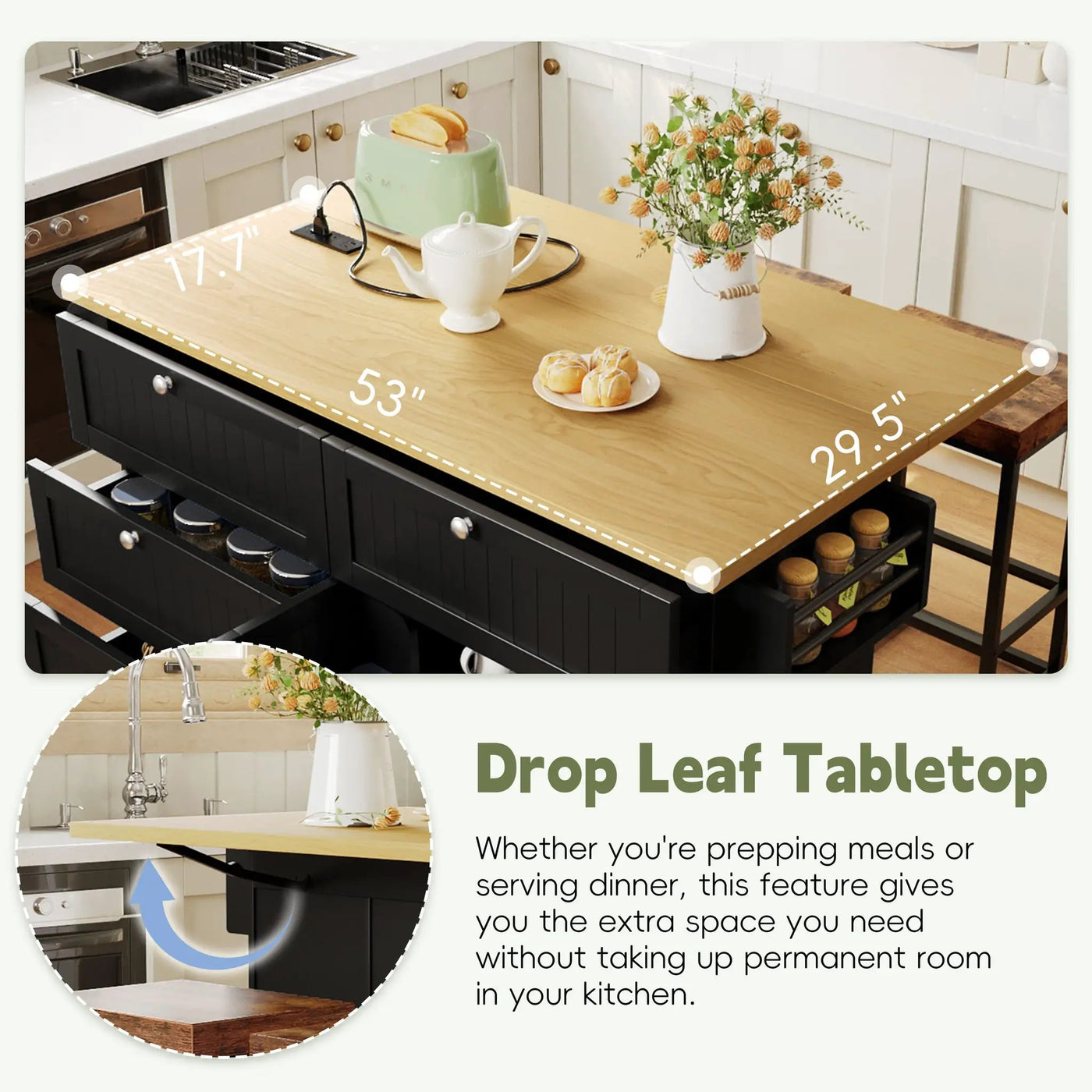 TOPMAX Farmhouse Kitchen Island with Drop Leaf and 2 Seatings by HouseOfZazla