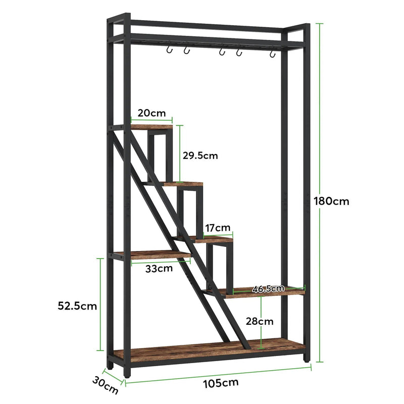 7 Tier Indoor Plant Stand With 5 S-Hooks - Brown / Black by HouseOfZazla