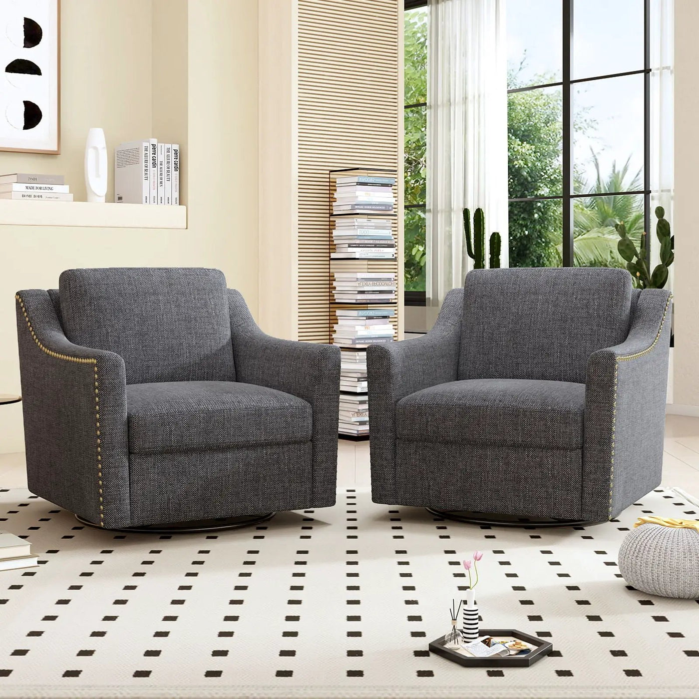 360 Degree Swivel Armchair, Skin Friendly Fabric, Ergonomic Design, Brass Nail Decorative Armchair by HouseOfZazla