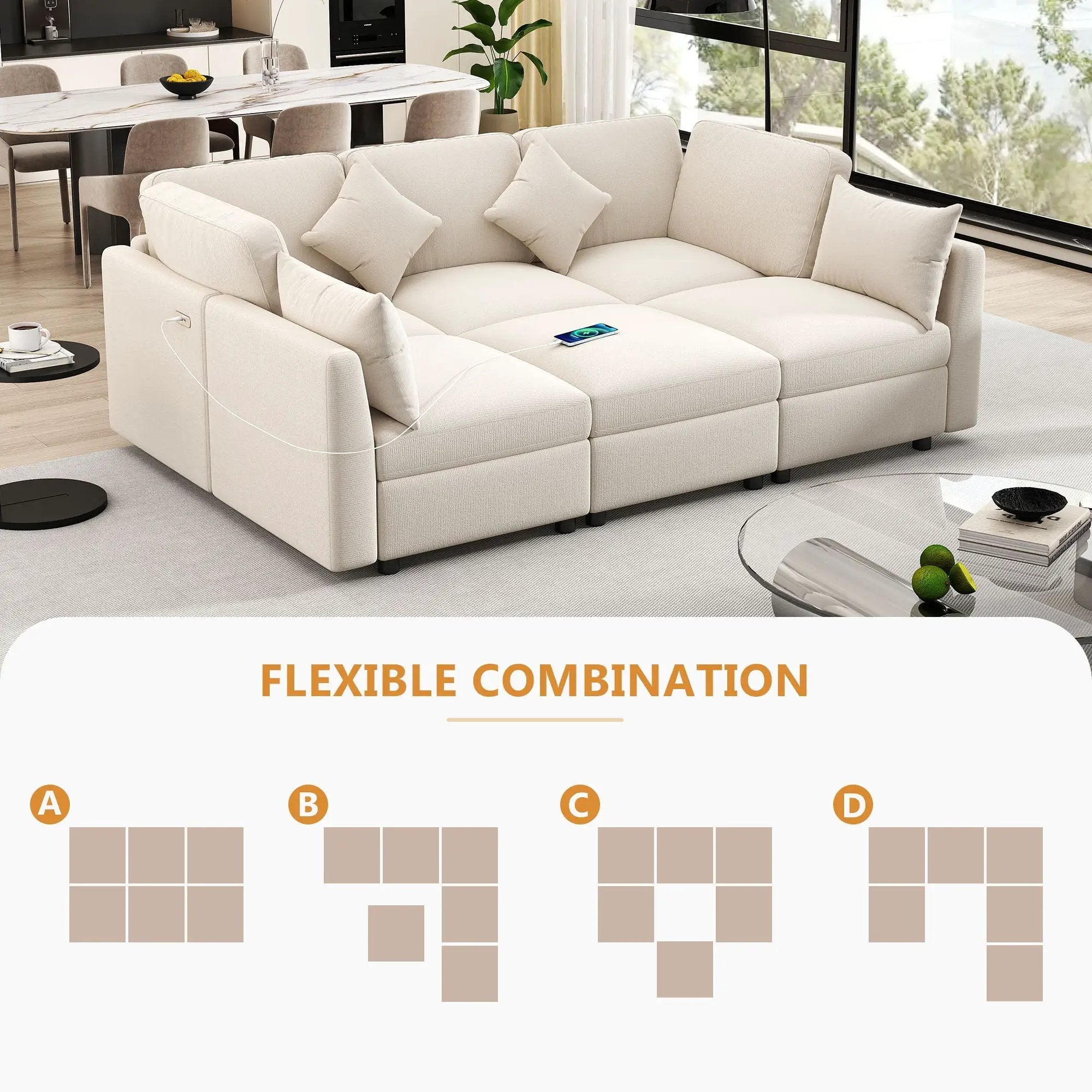 Sectional Sofa Modular U-Shaped With Ottoman & USB Ports by Unique Piece Furniture