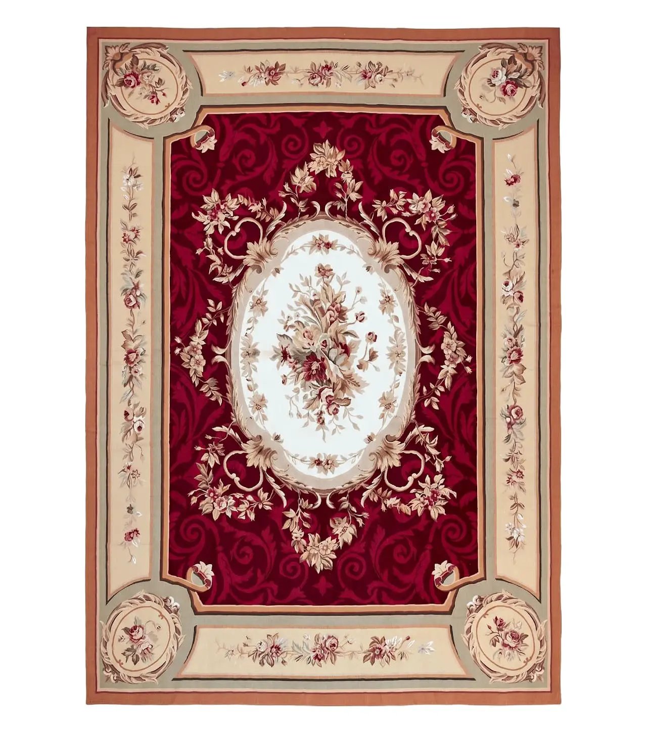 Large Aubusson Rug 10x14, Wool Handmade Vintage Carpet, Dark Red Ivory Tan, French European Elegant Aubusson Weave Rug by Jewel Rugs