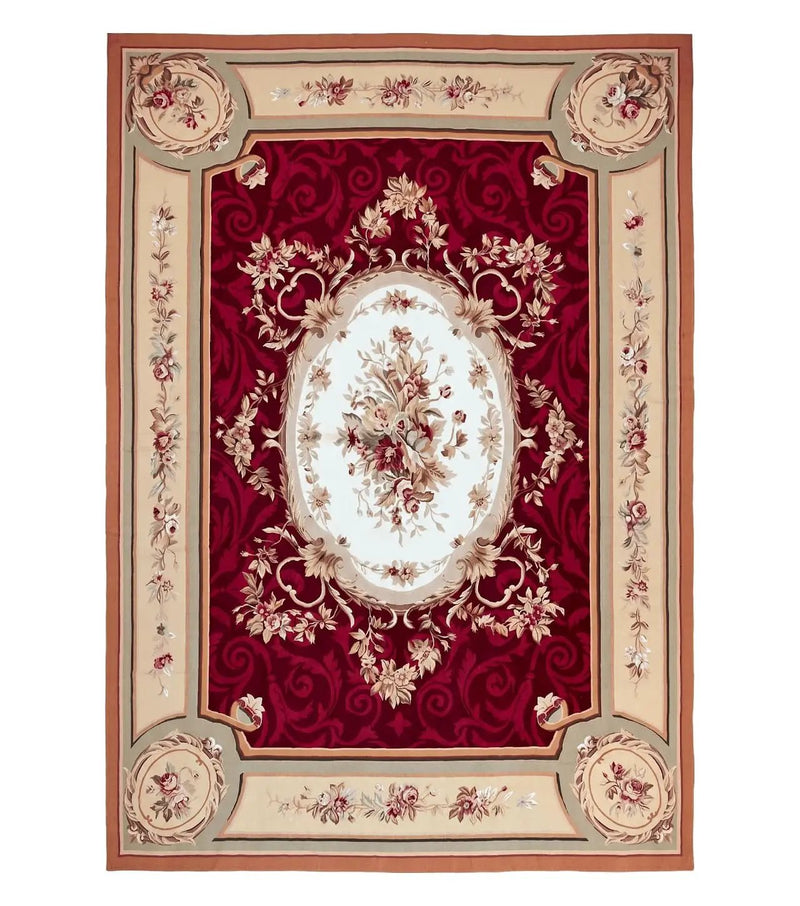 Large Aubusson Rug 10x14, Wool Handmade Vintage Carpet, Dark Red Ivory Tan, French European Elegant Aubusson Weave Rug by Jewel Rugs