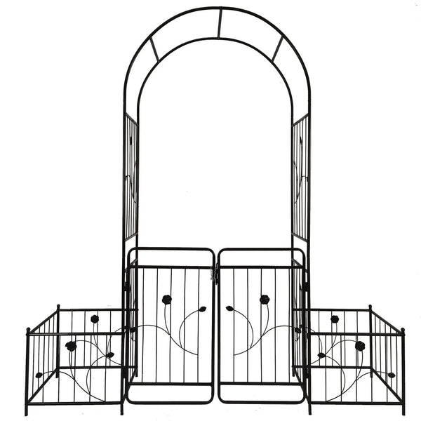 Metal Garden Arch With Gate Wide High Climbing Plants Support Rose Arch Outdoor - Black
