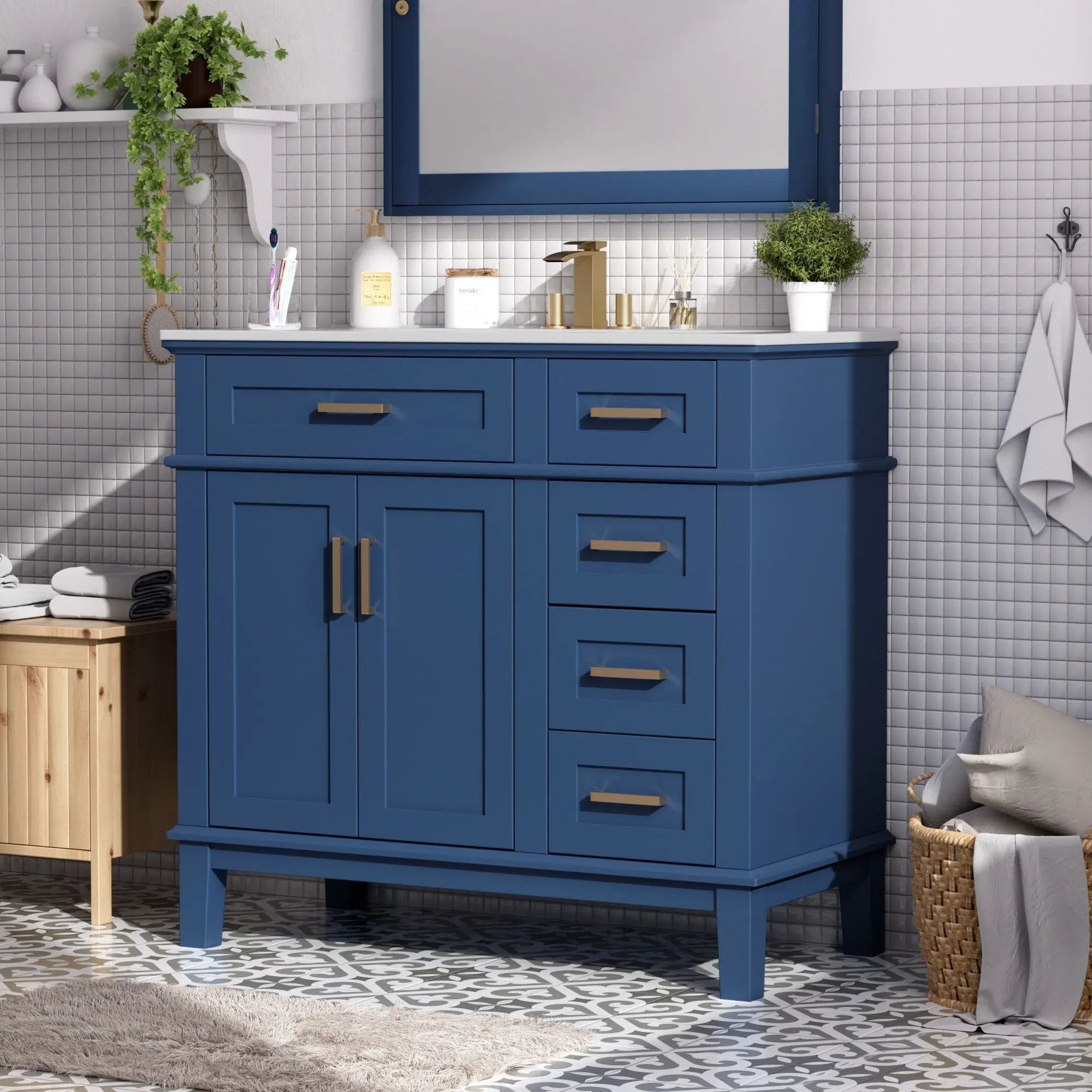Bathroom Vanity With Ceramic Sink, Soft-Close Doors, 4 Storage Drawers - Blue by Unique Piece Furniture