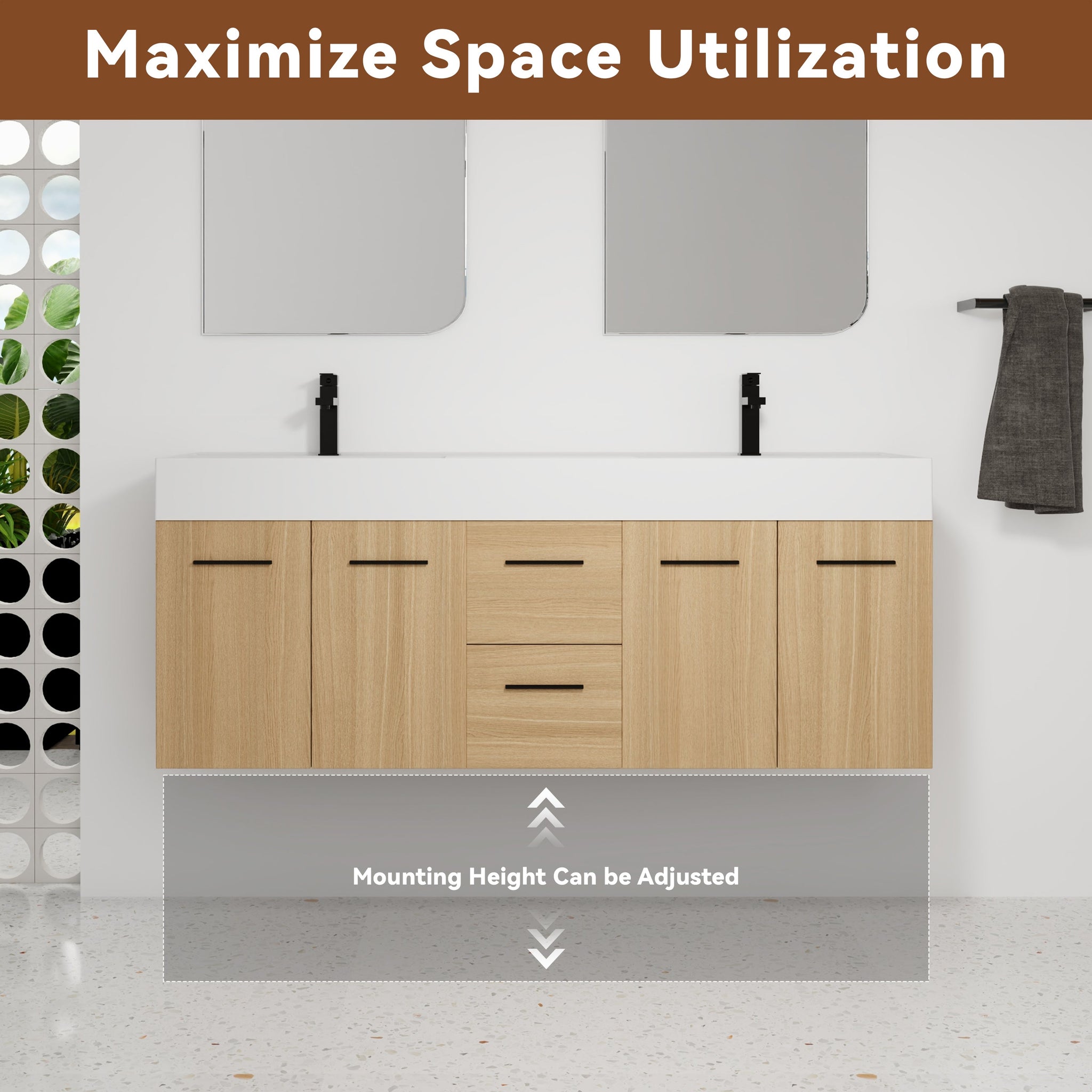 60" Floating Double Sink Bathroom Vanity with Drawers and Doors by HouseOfZazla