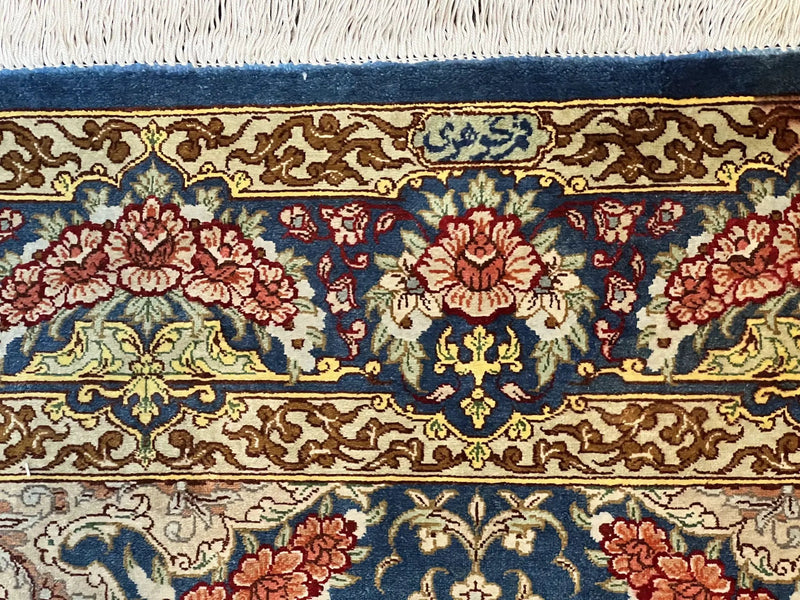 Magnificent Persian Qum Silk Rug 3x5, Blue, Super Fine 675 KPSI - 70 Raj, Floral Roses, Handmade Vintage Silk Carpet, Masterpiece by Jewel Rugs
