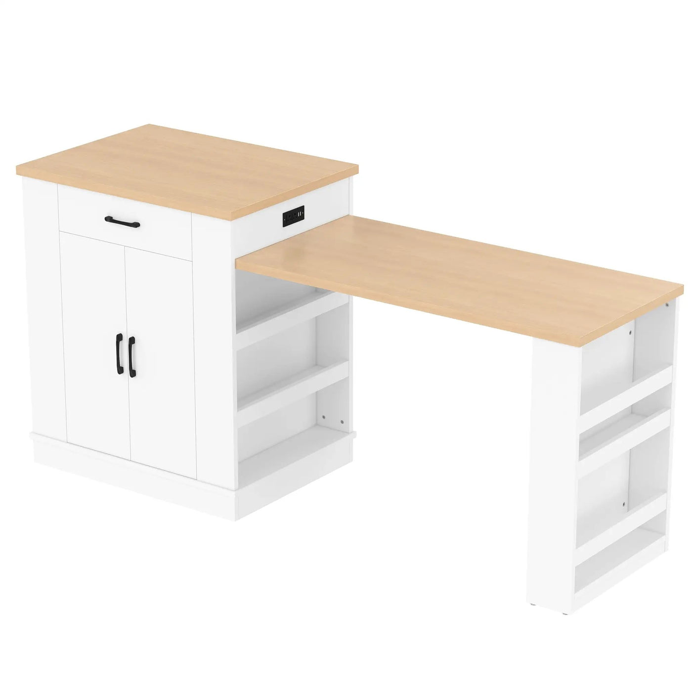 Extendable Island Console with Drawers, Double-Door Cabinet, and Open Shelving by HouseOfZazla