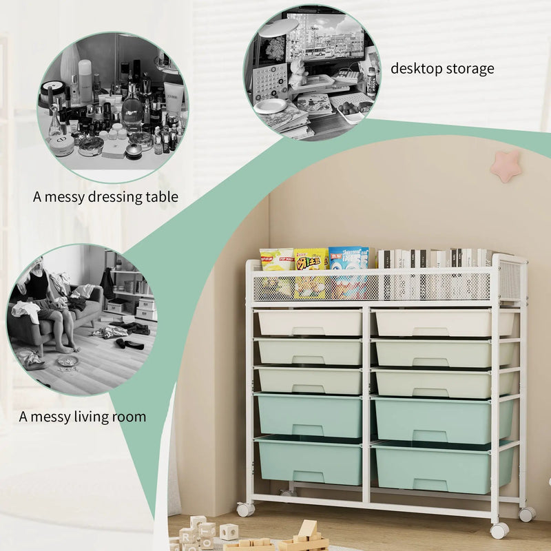 White Large Capacity 2-Row 10-Drawer Rolling Storage Cart by HouseOfZazla