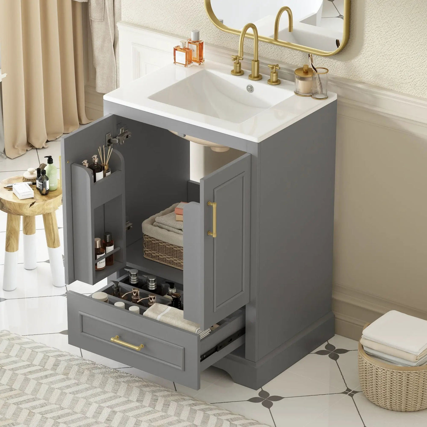 Bathroom Vanity With Sink, 1 Divided Drawer And 2 Soft Close Doors With Double Shelf by Unique Piece Furniture