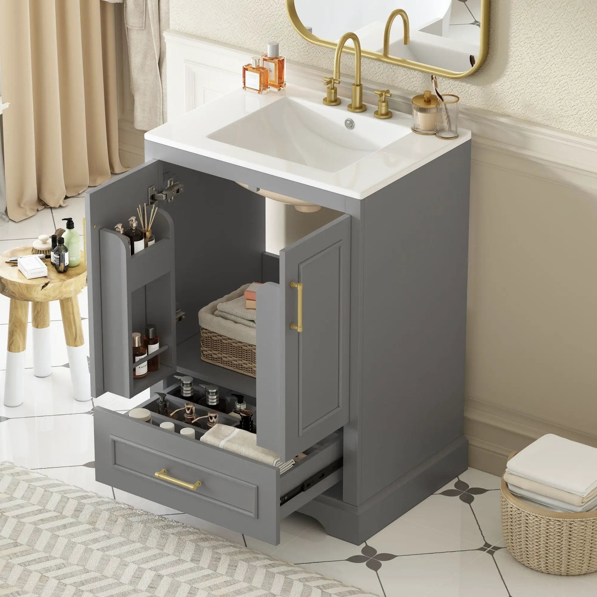 Bathroom Vanity With Sink, 1 Divided Drawer And 2 Soft Close Doors With Double Shelf by Unique Piece Furniture