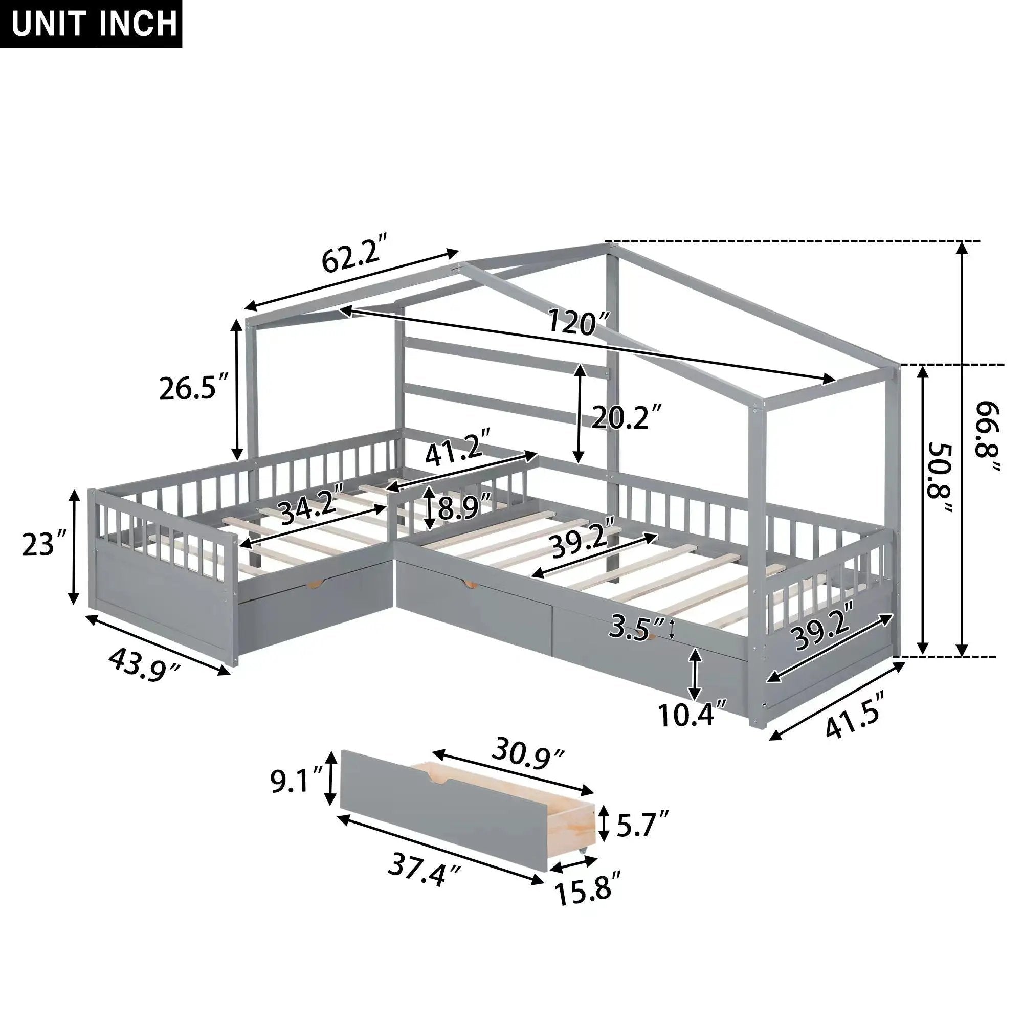L Shape Platform Bed With 3 Storage Drawers
