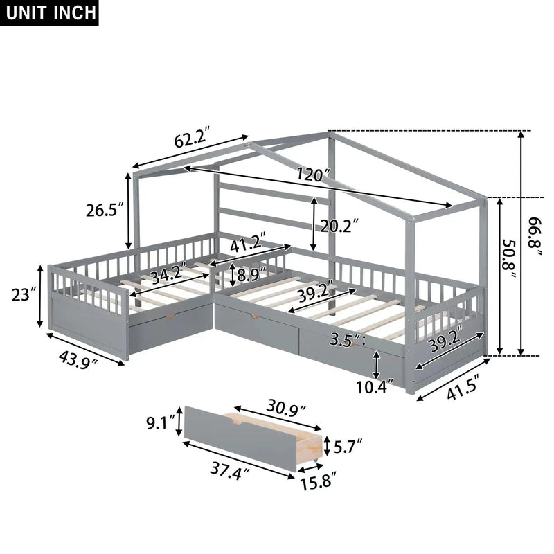 L Shape Platform Bed With 3 Storage Drawers