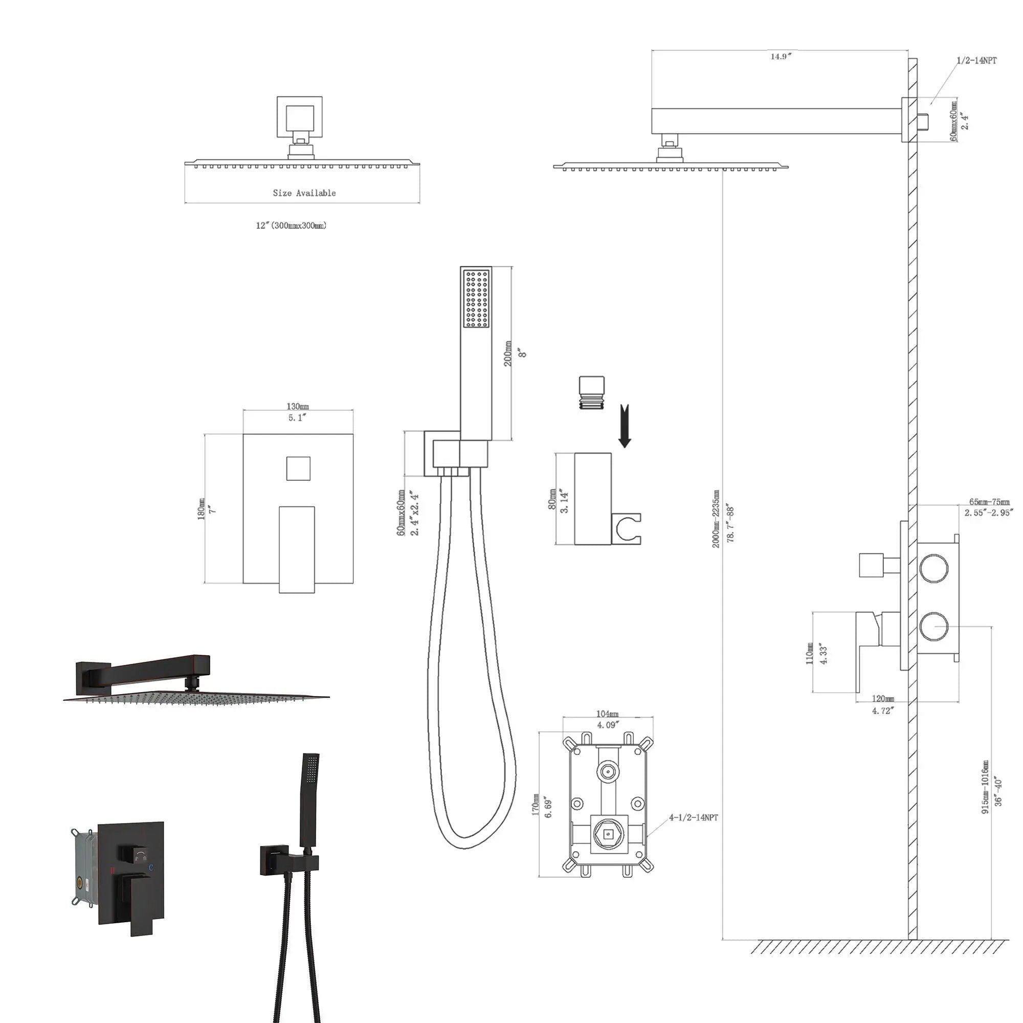 Dual Shower Head System With 12" Wall Mounted Square Rain Shower And Rough In Valve by HouseOfZazla