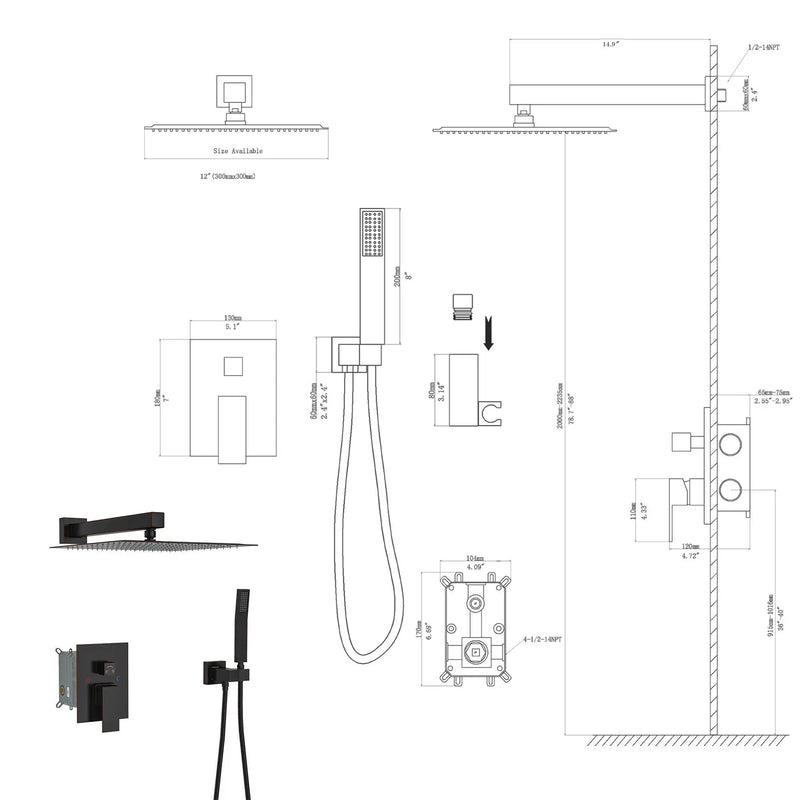 Dual Shower Head System With 12" Wall Mounted Square Rain Shower And Rough In Valve by HouseOfZazla