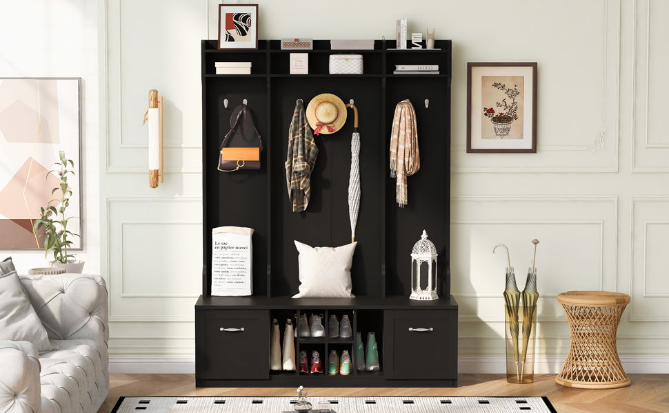 5 In 1 Entryway Bench With Coat Rack, 7 Sturdy Hooks, 2 Spacious Drawers And Adjustable Shelves by HouseOfZazla