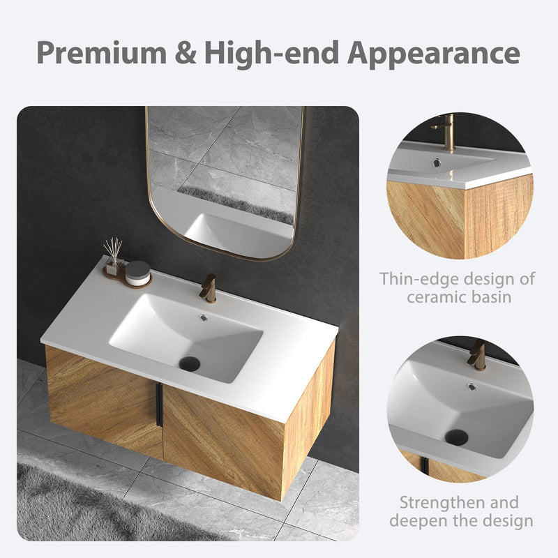 36 Inch Wall-Mounted Bathroom Vanity with 3D Fluted Panel & Ceramic Integrated Sink by HouseOfZazla