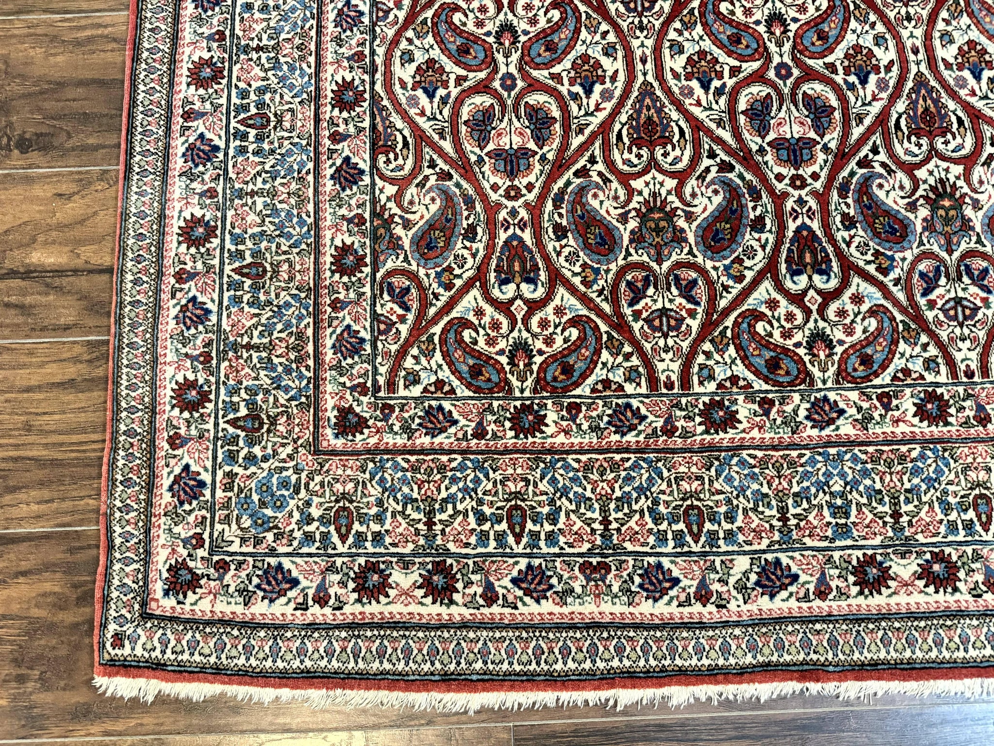 Unique Persian Qum Rug 5x7, Repeated Paisely Boteh Design, Ivory Red Blue, Handmade Antique Wool Persian Carpet, Finely Hand Knotted by Jewel Rugs