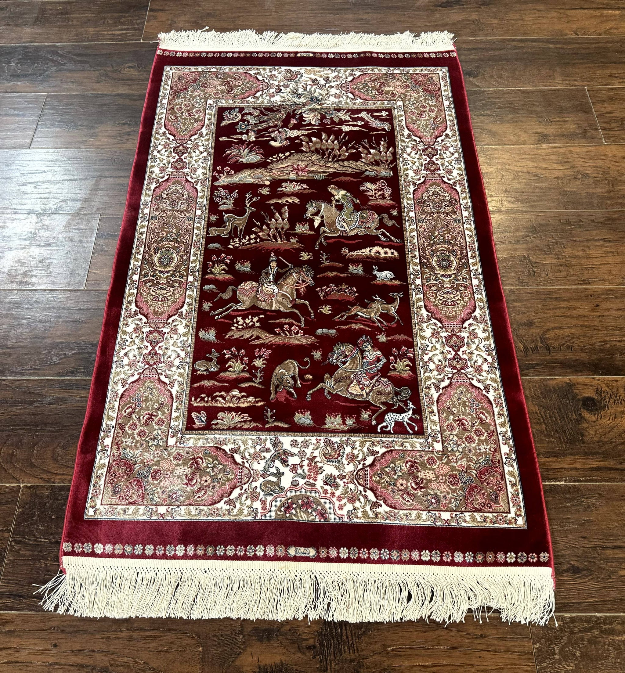 Dark Red Turkish Silk Rug 2.6 x 4, Hunting Design Scene, Bamboo Silk by Jewel Rugs
