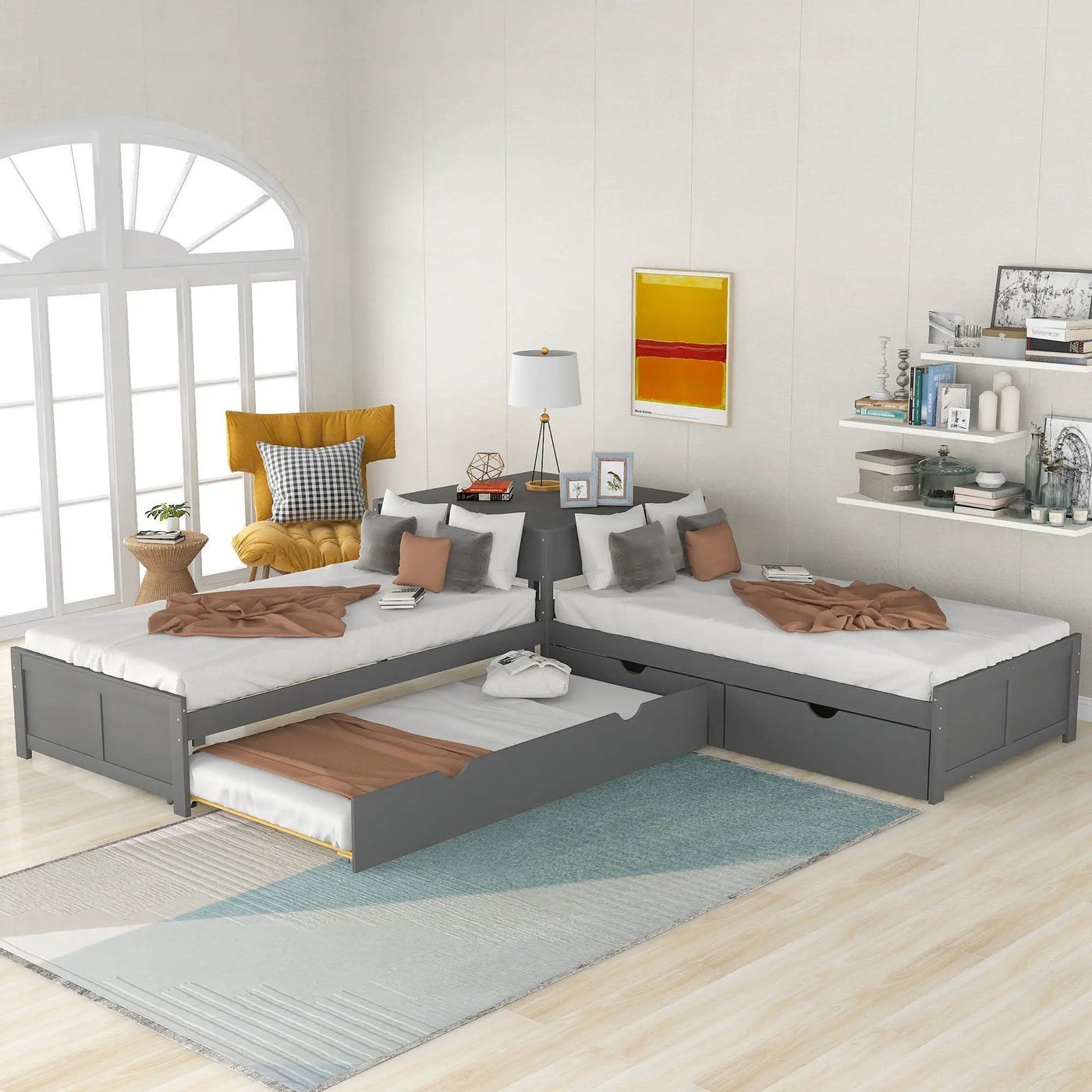 L Shaped Platform Bed With Trundle And Drawers Linked With Built In Desk by HouseOfZazla