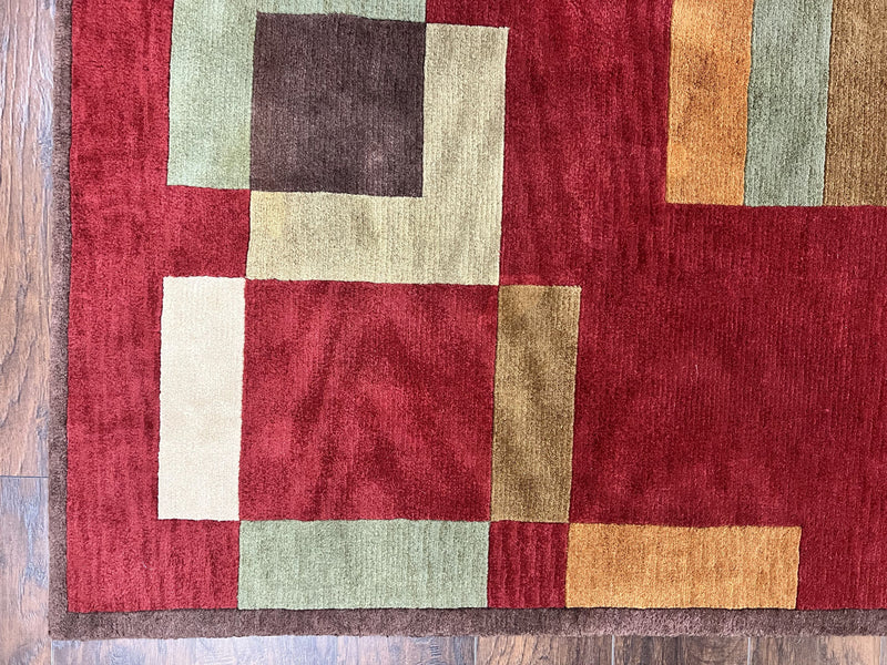 Indo Tibetan Modern Rug 5x8, Abstract Rug 5 x 8 ft, Red Multicolor Wool Handmade Contemporary Area Rug by Jewel Rugs