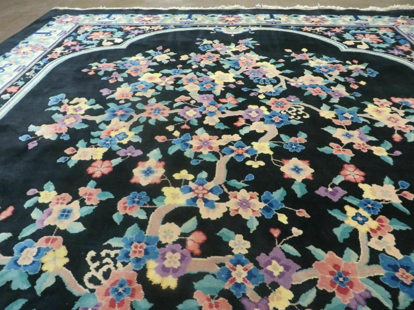 Black Chinese Wool Rug 8x10, Art Deco Floral Carpet, Soft Plush Pile by Jewel Rugs
