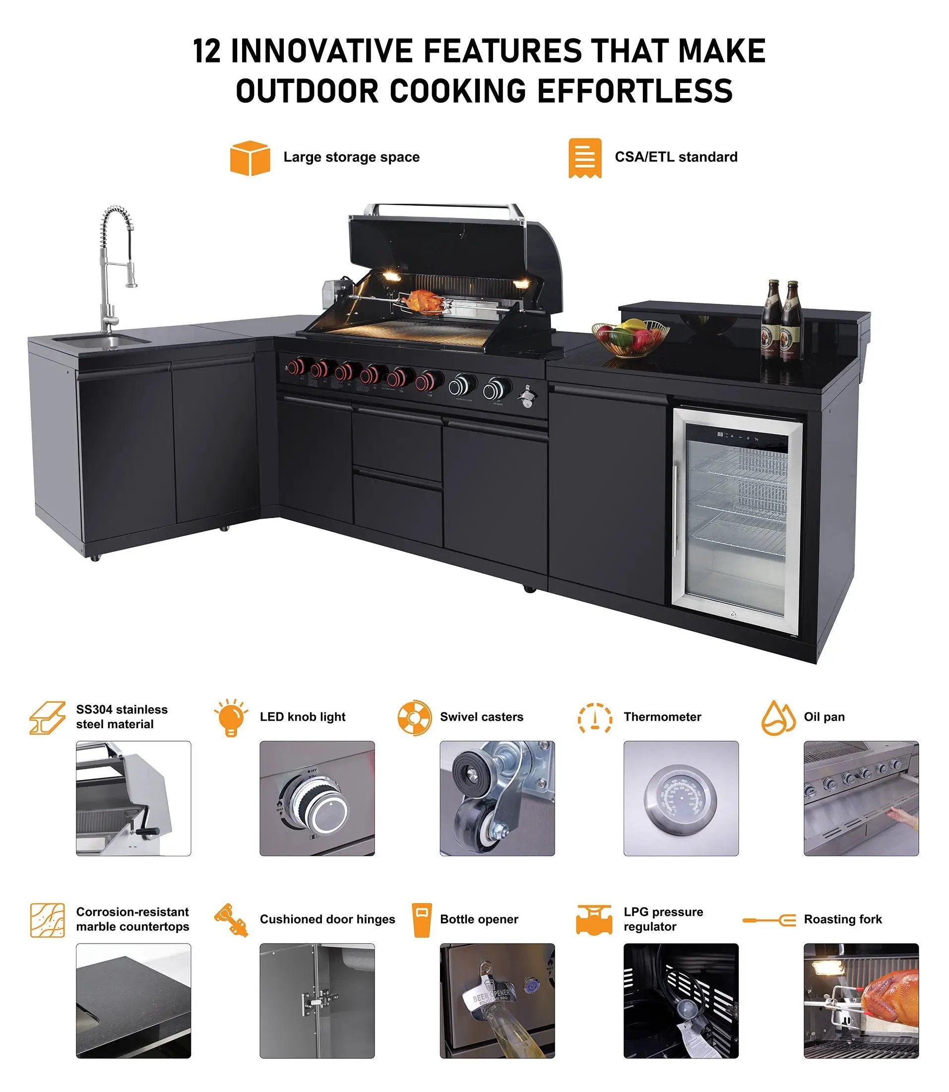 85.2" 4+1 Burner 71,500 BTU Black Outdoor Kitchen Island Grill+ Sink + Refrigerator by Chery Industrial