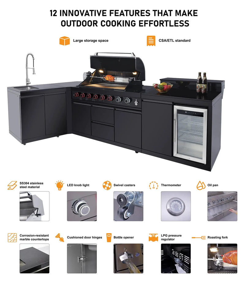 85.2" 4+1 Burner 71,500 BTU Black Outdoor Kitchen Island Grill+ Sink + Refrigerator by Chery Industrial