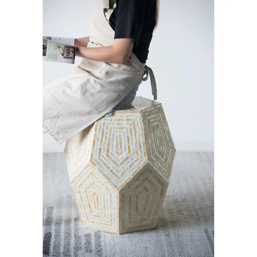 18x18x21 Hexagonal Capes Capiz Stool Cream/Yellow by HouseOfZazla