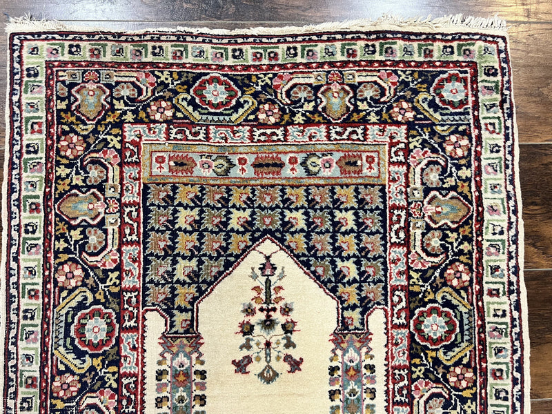 Turkish Prayer Rug 2.5 x 4, Vintage Wool Hand Knotted Carpet, Ivory by Jewel Rugs