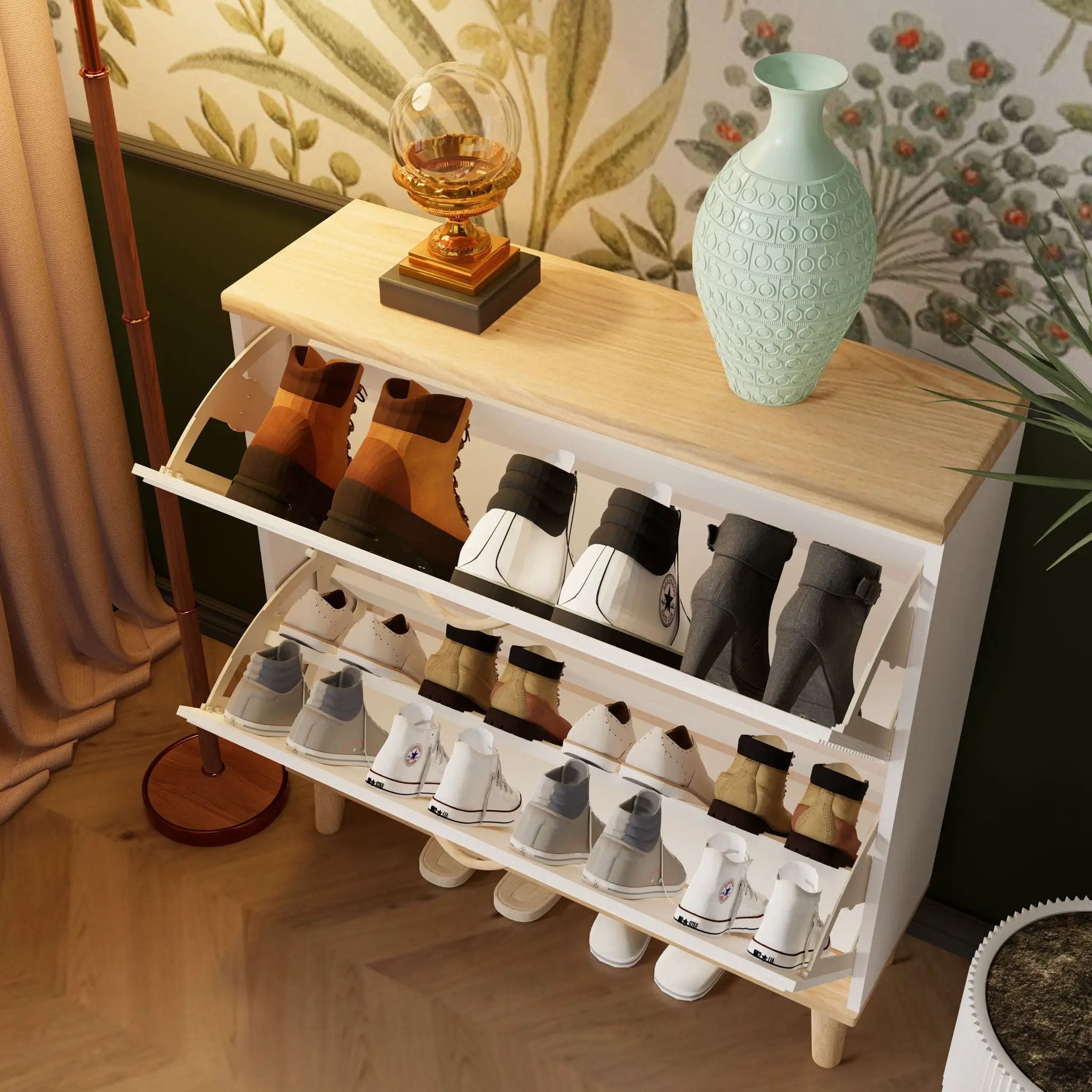 Narrow - Entryway Shoe Storage Cabinet With 2 Flip Drawers Legs - Natural / White by HouseOfZazla