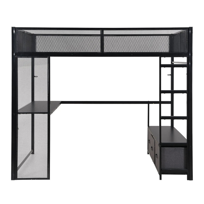 Full Size Gaming Loft Bed With LED Desk, Open Wardrobe, 3 Linen Storage Drawers - Black by HouseOfZazla