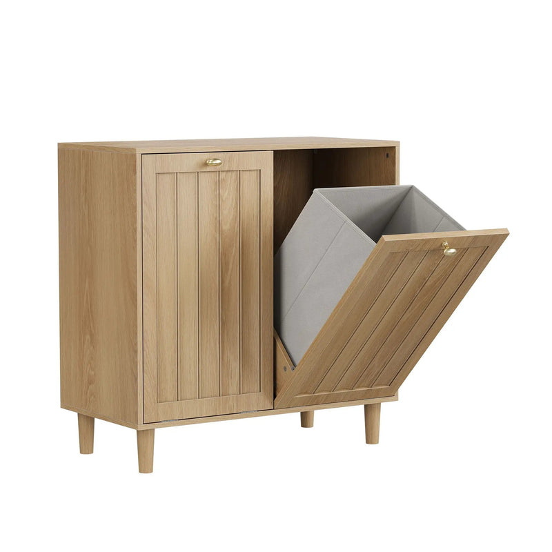 Sloping Laundry Basket With Removable Inner Bin, Concealed Storage Cabinet For Bathroom - Oak by Unique Piece Furniture