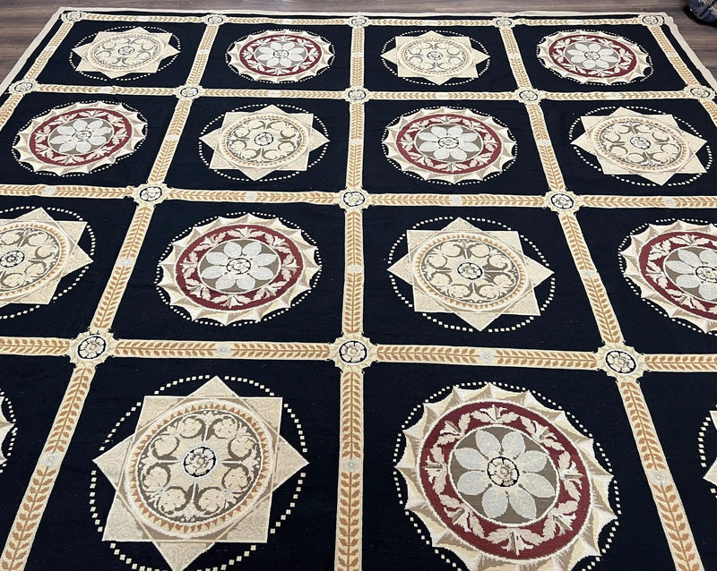 Large Needlepoint Rug 10x13, Panel Design, Black and Beige, Wool Needlepoint Carpet 10 x 13, English Garden, Handwoven Area Rug, Living Room by Jewel Rugs