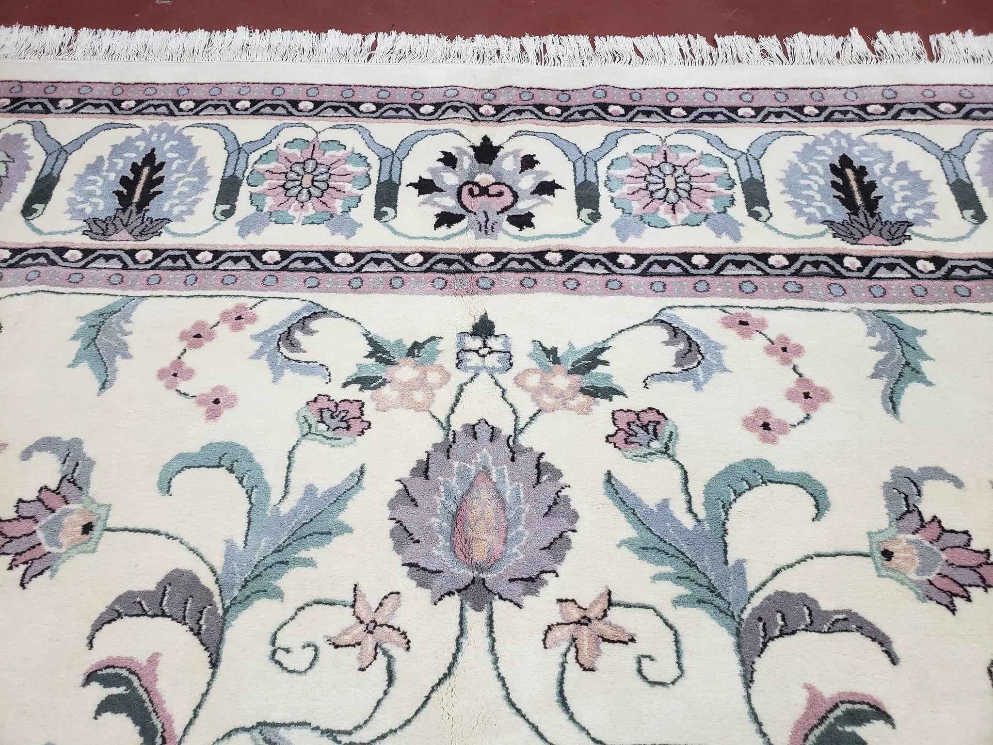 Ivory & Teal Indo Persian Area Rug 9x12, Wool Hand-Knotted Oriental Carpet, 9 x 12 Soft Traditional Living Room Rug, Dining Room Rug by Jewel Rugs