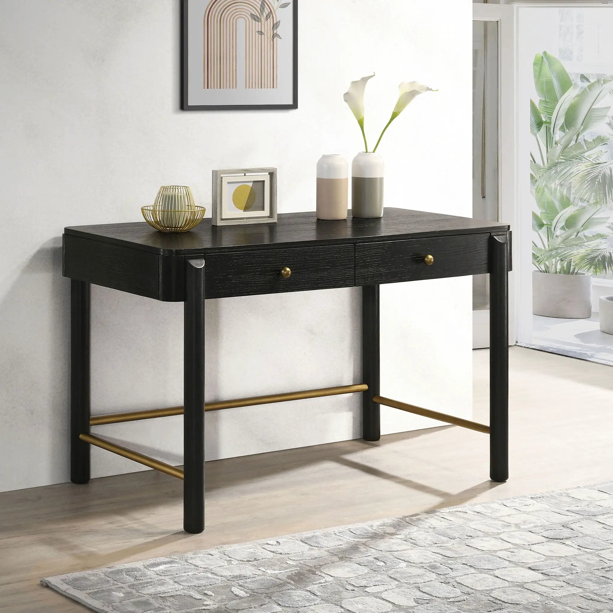 Anser - 2 Drawer Vanity Desk Makeup Table Rounded Design - Black by HouseOfZazla