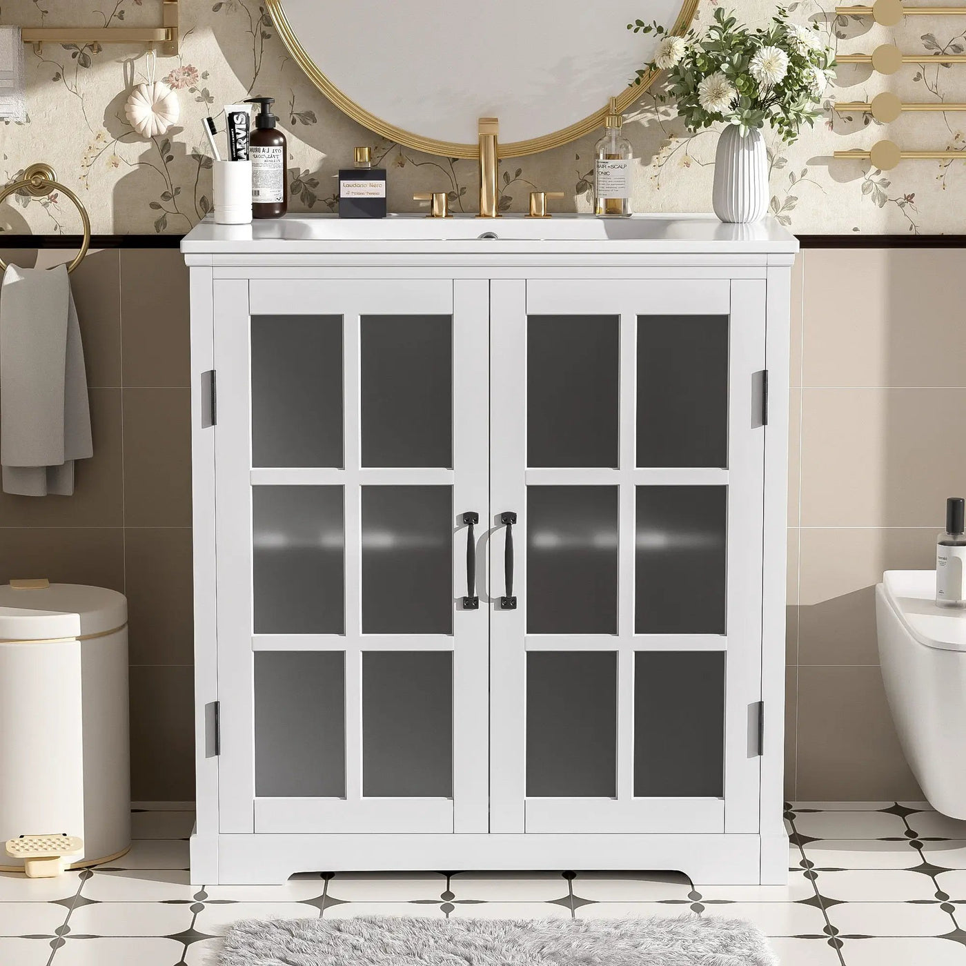 Modern Bathroom Vanity With Ceramic Sink, Tempered Blurred Glass Doors by HouseOfZazla