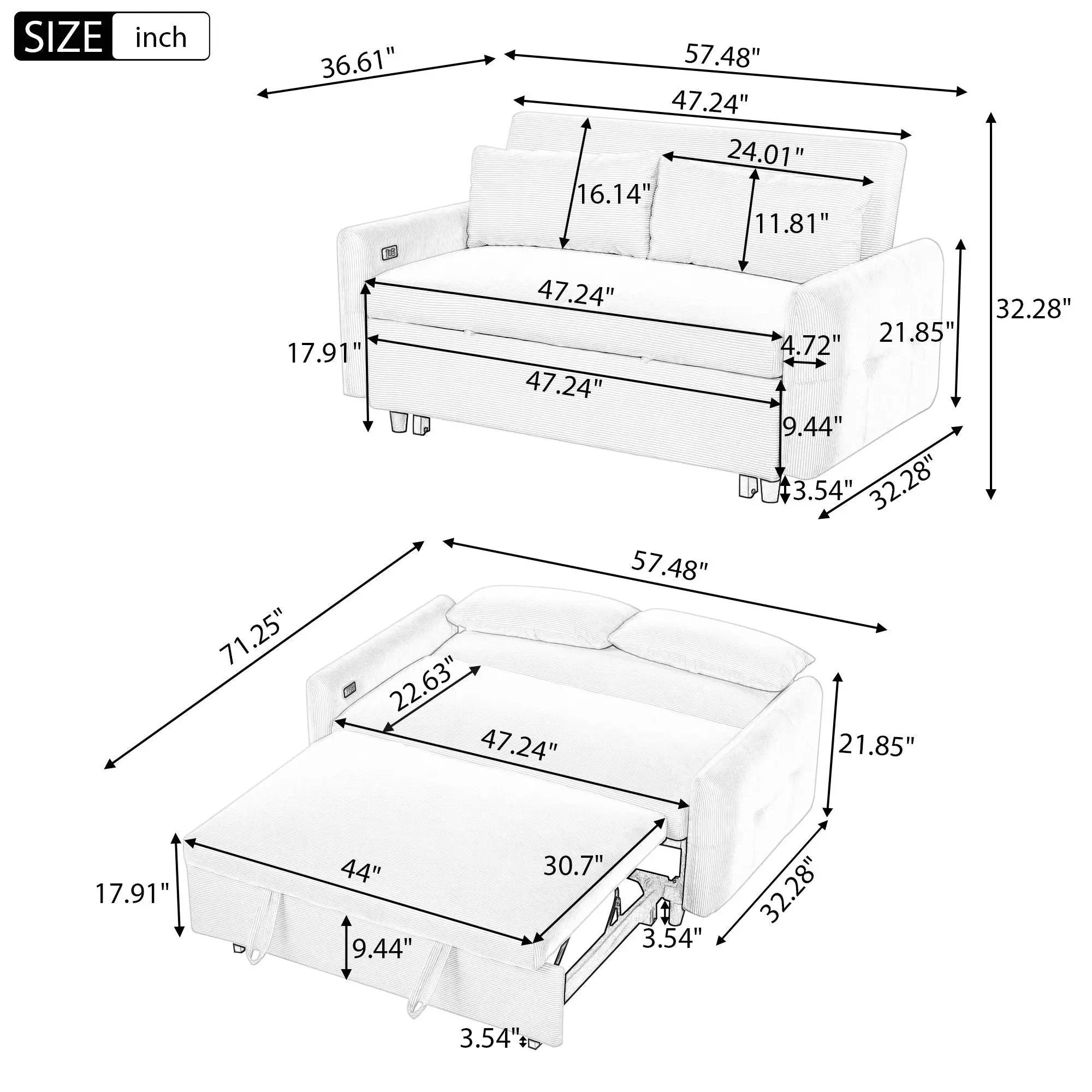 Pull-Out 2 Seat Modern Sleeper Sofa With 2 Throw Pillows And USB Ports by HouseOfZazla
