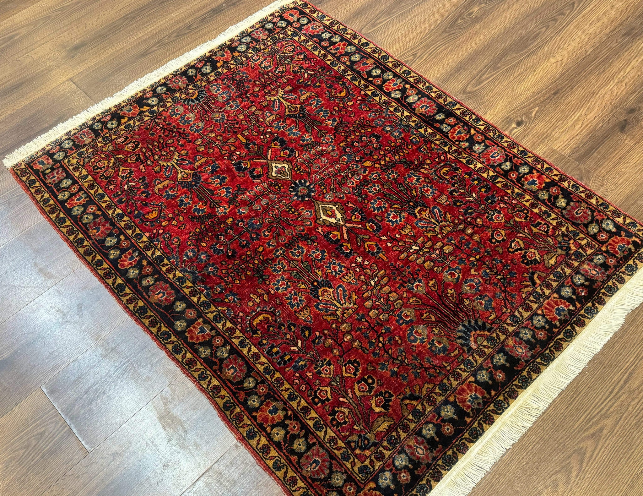 Antique Persian Sarouk Rug 3x4, Red, Floral, 1920s Wool Rug by Jewel Rugs